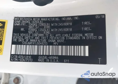 2018 Toyota Highlander Hybrid Xle из США, поврежденный, VIN 5TDJGRFH1JS049255